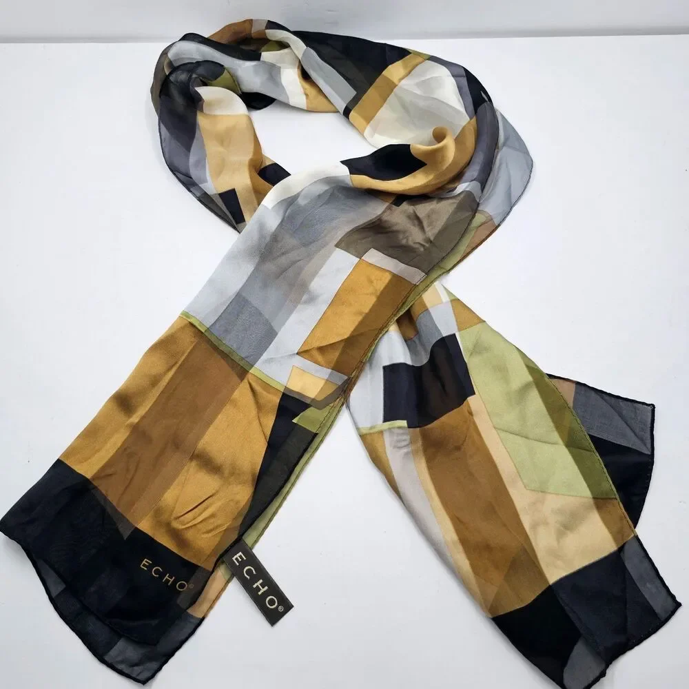 VTG Echo Silk Scarf Abstract Geometric Colorblock Gold Olive Green Oblong 11x52